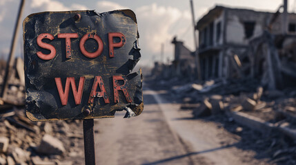 Stop war sign in front of a destroyed building. War concept.