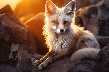 A young rio fox sitting on rocks during a beautiful sunrise, in the style of norwegian nature, white and silver, macro lens, large canvas format, tempera, aurorapunk, rtx on

 - Powered by Adobe