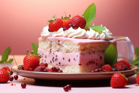 3D Render of a Strawberry Shortcake Slice, on an isolated Berry Pink background, Generative AI 
