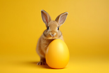 Fototapeta na wymiar A rabbit sits on a yellow egg, in the style of studio photography, beige and amber, 3840x2160, konica big mini, cute and colorful, modern, natural