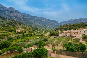 Fototapeta na wymiar Fornalutx outskirts in the picturesque Tramuntana mountains valley in Mallorca