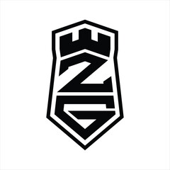 ZG Letter Logo monogram hexagon shield shape up and down with crown castle isolated style design