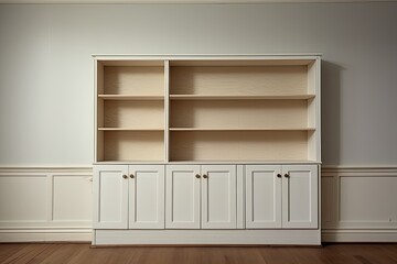 Sleek modern retro design characterizes this empty wooden bookshelf or storage rack.