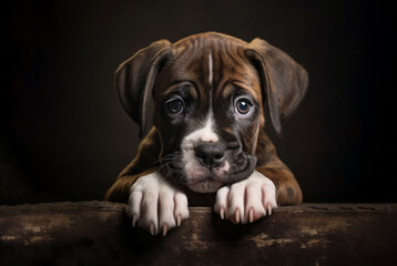 cute boxer puppy in a dark room