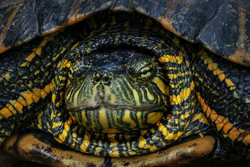 Black-bellied Slider Head (Trachemys dorbigni) - Water Turtle hiding in shell with retracted neck