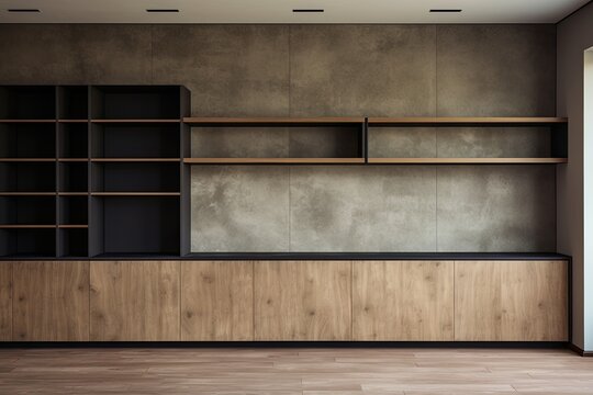 Sleek modern retro design characterizes this empty wooden bookshelf or storage rack.