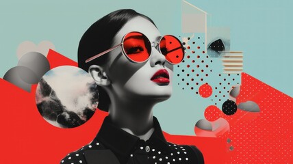 Retro-Futuristic Pop Art Fashion Portrait. A high-contrast pop art portrait combining retro and futuristic elements, featuring a woman in sunglasses with red and turquoise collage background. - obrazy, fototapety, plakaty