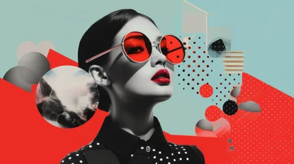 Foto op Plexiglas Retro-Futuristic Pop Art Fashion Portrait. A high-contrast pop art portrait combining retro and futuristic elements, featuring a woman in sunglasses with red and turquoise collage background. © SmartArt