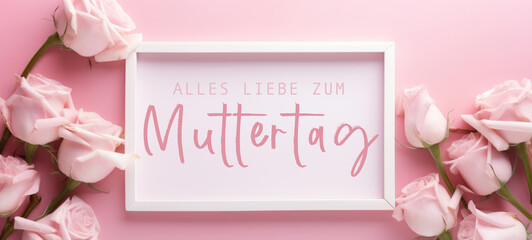 Alles Liebe zum Muttertag Feiertag Grußkarte - Weisses Papier, Rahmen mit deutschem Text und Rosen auf pinkem Tisch Hintergrund, Draufsicht - obrazy, fototapety, plakaty