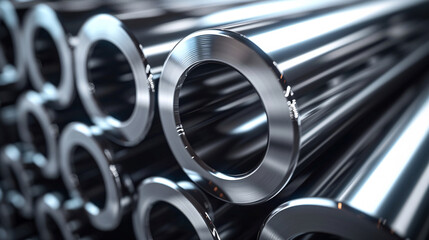 Closeup illustration of metal steel pipes stored after production in industrial manufacturing, real economy concept illustration