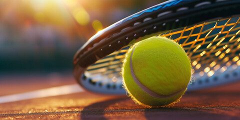 Sunset Glow on Tennis Ball and Racket on Court - Sport Banner Background - obrazy, fototapety, plakaty