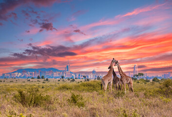 Giraffes at Sunrise in Nairobi National Park with City Skyline, Kenya, Africa