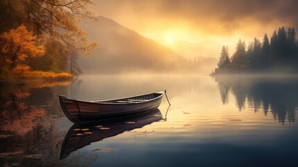 Natural view of traditional wooden canoe on a calm lake in the morning with misty sun rays.