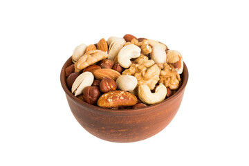 Roasted mix nut in bowl isolated on white background. mix nut is snack or raw of cook. Healthy food concept