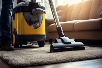 Worker cleaning floor with a vacuum cleaner
