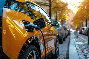 Electric vehicle refueling with an electrical outlet in the city. - obrazy, fototapety, plakaty