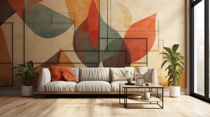 Modern Living Room with Geometric Wall Art. A chic modern living room featuring a large geometric abstract wall art, a minimalist sofa with colorful cushions, and green houseplants.