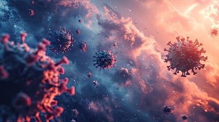 3D illustration Background for advertising and wallpaper in health and microbiology scene. 3D rendering in decorative concept. virus flying in the air - obrazy, fototapety, plakaty