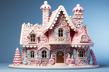 3D Render of a Baby Pink Gingerbread House, on an isolated Aqua Blue background, Generative AI