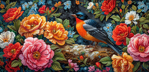 painting canvas embroidered of floral birds motifs background - obrazy, fototapety, plakaty