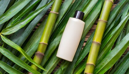 Obraz premium Bamboo Bliss: Shampoo Bottle Laid on Serene Bamboo Leaves for Exquisite Advertising