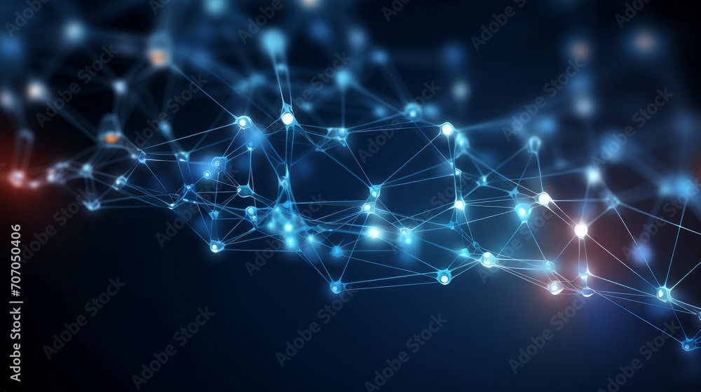 Poster abstract digital background with dots, molecules and lines on a dark blue background. background of 
