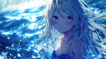 Anime girl wearing bikini in crystal clear ocean water, Generative Ai