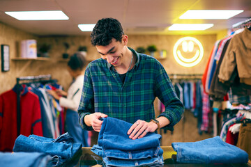 Male Sales Assistant Or Customer Sorting And Looking At Stock Of Jeans In Fashion Or Clothes Store