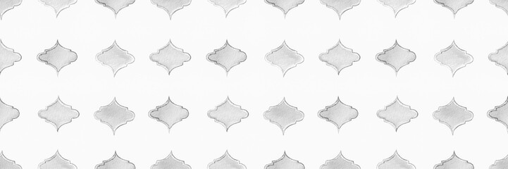 Quatrefoil Seamless Pattern for Header. Monochrome and Greyscale Damask Print. Geometric Morrocan Tile. Lattice Marrakesh Watercolor Header. Rhombus Majolica Background. Barbed Watercolour Trellis. - obrazy, fototapety, plakaty