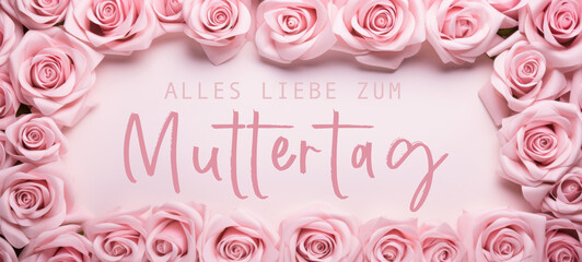 Alles Liebe zum Muttertag Feiertag Grußkarte mit deutschem Text - Rahmen aus Rosen auf pinkem Tisch Hintergrund, Draufsicht - obrazy, fototapety, plakaty