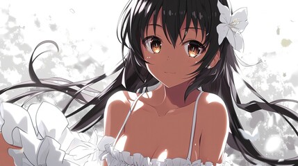 Anime illustration of young pretty girl wearing white gown with light glow from behind, Generative Ai