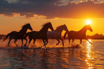 Horses running at sunset through shallow water of a lake