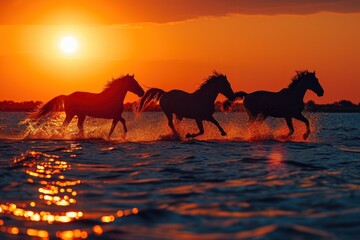 Fototapeta na wymiar Horses running at sunset through shallow water of a lake