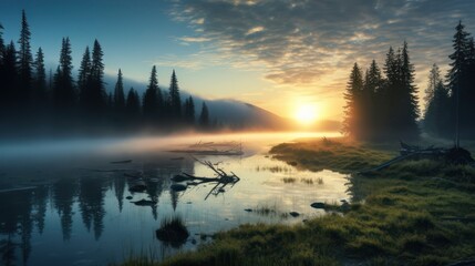 Calm atmosphere on a cold wild lake in the morning with sun rays. With the reflection of the water, the trees are cool.