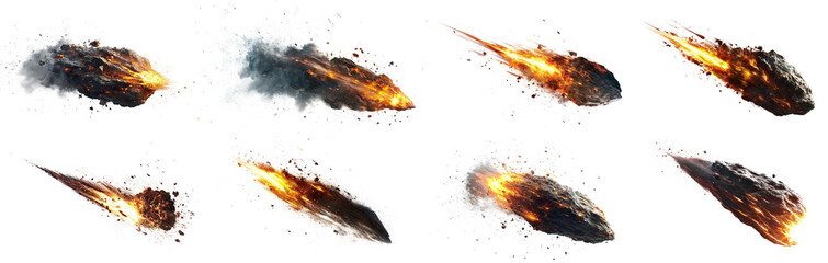 Set of meteor in the air engulfed in fire, cut out - stock png. - obrazy, fototapety, plakaty