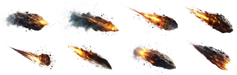 Foto op Canvas Set of meteor in the air engulfed in fire on a transparent background © Volodymyr
