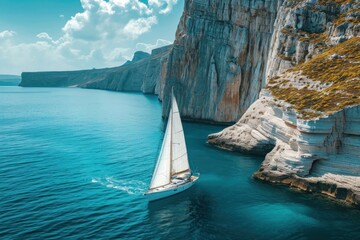 sailboat floating on sea with rocky cliff against sky on sunny day - obrazy, fototapety, plakaty