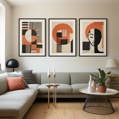 modern living room, neutral tones, amber artwork, art deco