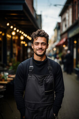 Fototapeta premium Small business owner proudly standing in front of their quaint, family-owned cafe, Generative AI