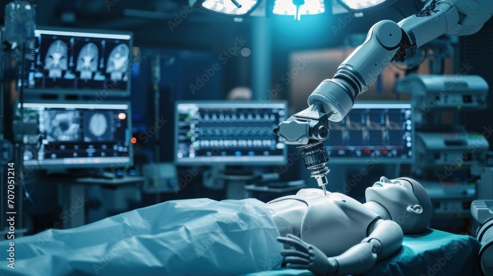 Poster robotic arm performing surgical procedure on medical dummy, with ai-driven monitors displaying stati