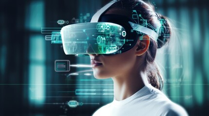 Fototapeta na wymiar Medical Professional Using AI-Integrated Virtual Reality. A female medical professional engaged with virtual reality equipment, fusion of AI and immersive technology in futuristic healthcare.
