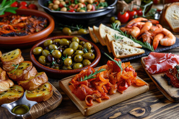 An assortment of Spanish tapas, featuring stuffed olives, patatas bravas, and gambas al ajillo