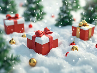 Fototapeta na wymiar 3d rendering merry christmas background with snow, gift box and snowman concept illustration