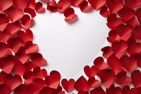 red color background surrounded by romantic atmosphere of floating Red heart shaped cutout papers 