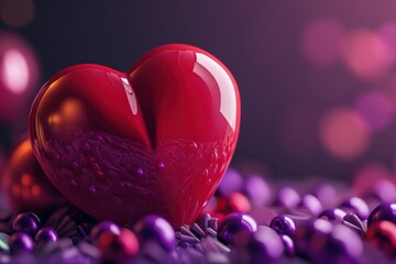 Image 3D d'un cœur sur fond violet, amour, charme romantique, faible profondeur de champ - obrazy, fototapety, plakaty