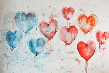 watercolor Beautiful love hearts printed on clean white textured wall, Happy valentine day concept 