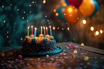 Un gâteau d'anniversaire avec des bougies, des ballons et des lumières brillantes - obrazy, fototapety, plakaty