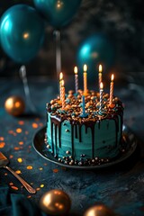 Un gâteau d'anniversaire avec des bougies, des ballons et des lumières brillantes