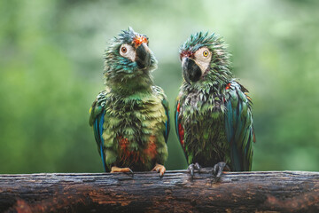 Soaking Wet Chestnut-fronted macaw (Ara severus) and Blue-winged macaw (Primolius maracana)