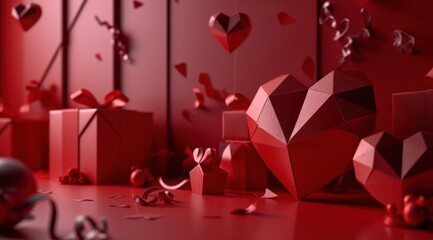 Jour de la Saint Valentin sur fond rouge avec des cadeaux en forme de coeur, compositions monochromatiques, sculptures en papier, blocs de couleurs vibrantes - obrazy, fototapety, plakaty